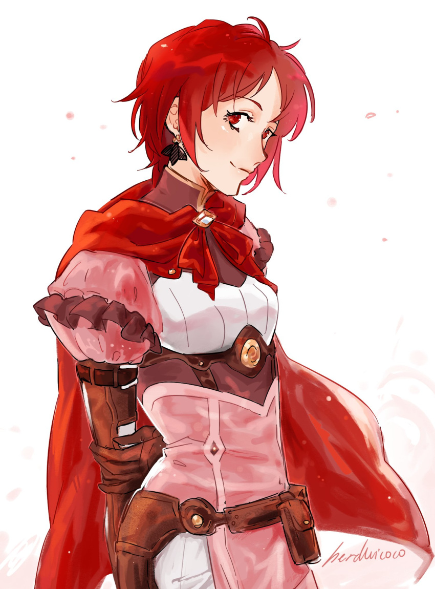 1girl arms_behind_back artist_name brown_gloves cape closed_mouth commentary earrings elbow_gloves fire_emblem fire_emblem:_three_houses fire_emblem_warriors:_three_hopes gloves herdwicoco highres jewelry monica_von_ochs pouch puffy_sleeves red_cape red_eyes redhead short_hair signature simple_background smile solo standing twitter_username white_background