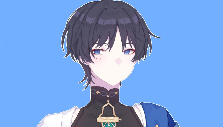 1boy black_hair black_shirt blue_background blue_cape blue_eyes blunt_ends blush cape closed_mouth covered_collarbone english_commentary eyeshadow genshin_impact gold_necklace hair_between_eyes highres jewelry kyou_0120 looking_afar makeup male_focus mandarin_collar necklace no_headwear open_clothes open_vest red_eyeshadow scaramouche_(genshin_impact) shirt short_hair short_sleeves simple_background sleeveless sleeveless_shirt solo standing upper_body vest wanderer_(genshin_impact) white_vest