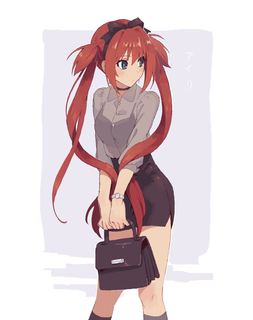 1girl airi_(queen's_blade) bag black_skirt blue_eyes casual character_name choker closed_mouth commentary_request hairband highres holding holding_bag long_hair nifffi queen's_blade redhead shirt sidelocks skirt solo twintails two_side_up watch watch
