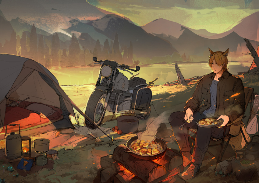 1boy absurdres animal_ears arknights black_jacket black_pants blonde_hair blue_shirt campfire camping camping_chair chair chinese_commentary closed_mouth commentary_request cooking dumpling embers evening expressionless eyes_visible_through_hair folding_chair food grass hair_over_one_eye highres holding jacket lantern lonely_(1878056661) long_sleeves mlynar_(arknights) motor_vehicle motorcycle nature on_chair open_clothes open_jacket orange_eyes outdoors pants plant scenery shirt short_hair sitting smoke solo t-shirt tent wide_shot
