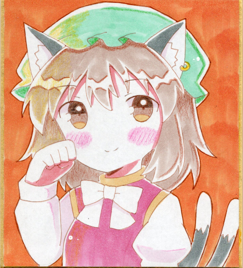 1girl animal_ear_fluff animal_ear_piercing animal_ears blush bow bowtie brown_eyes brown_hair cat_ears cat_tail chen closed_mouth commentary_request earrings ellipsis_(mitei) gold_trim hair_between_eyes hand_up hat highres jewelry long_sleeves looking_at_viewer medium_hair mob_cap multiple_tails nekomata orange_background paw_pose puffy_long_sleeves puffy_sleeves red_vest single_earring smile solo tail touhou two_tails upper_body vest white_bow white_bowtie