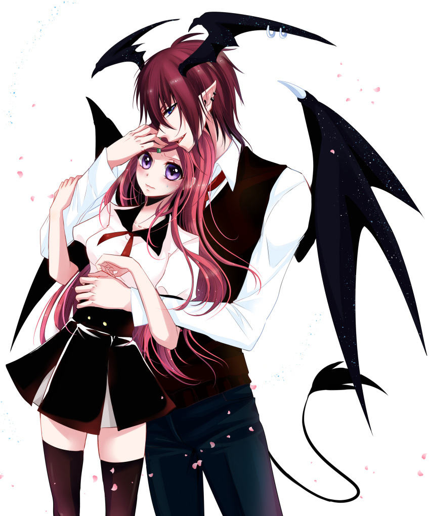 1boy 1girl absurdres bishounen black_skirt black_thighhighs black_vest black_wings blue_eyes blush breasts closed_mouth collared_shirt commentary cowboy_shot demon_boy demon_tail earrings falling_petals hair_between_eyes hand_on_another's_head hand_on_another's_stomach head_wings hetero highres jewelry lanmei_jiang long_bangs long_hair long_sleeves looking_at_viewer medium_breasts ming_wei_aiqing_de_chibang multiple_earrings open_mouth petals redhead shirt short_sleeves sidelocks simple_background skirt smile swept_bangs tail thigh-highs vest violet_eyes white_background white_shirt wing_earrings wings