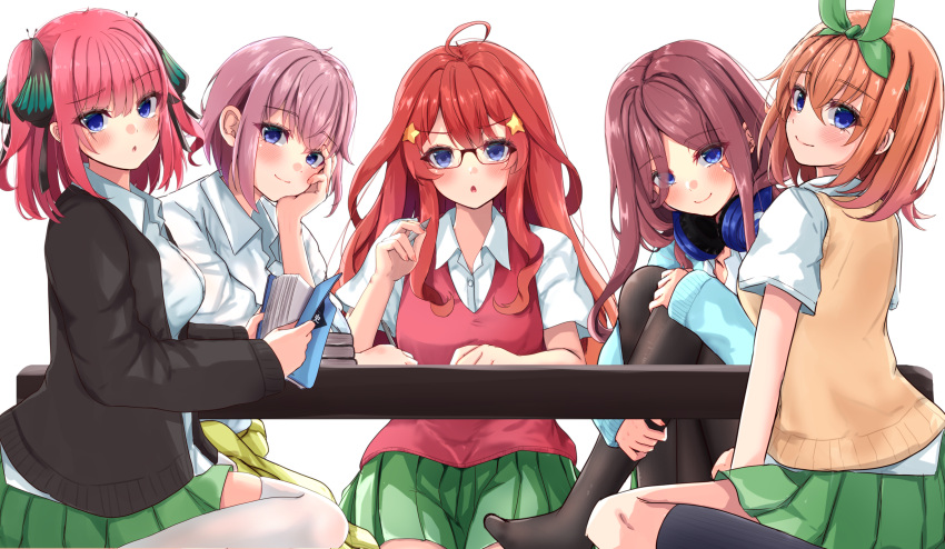 5girls :o absurdres ahoge ayachanman black_cardigan black_pantyhose black_ribbon black_socks blue_cardigan blue_eyes blunt_bangs blush book breasts brown_hair butterfly_hair_ornament cardigan cardigan_around_waist closed_mouth clothes_around_waist collared_shirt commentary_request glasses go-toubun_no_hanayome green_ribbon green_skirt hair_between_eyes hair_ornament hair_ribbon head_rest headphones headphones_around_neck highres holding holding_book holding_pen kneehighs large_breasts long_hair long_sleeves looking_at_viewer multiple_girls nakano_ichika nakano_itsuki nakano_miku nakano_nino nakano_yotsuba open_cardigan open_clothes orange_hair pantyhose parted_bangs parted_lips pen pink_hair pleated_skirt quintuplets red_sweater_vest redhead ribbon seiza shirt short_hair short_sleeves siblings sidelocks simple_background sisters sitting skirt smile socks star_(symbol) star_hair_ornament sweater_vest table thigh-highs two_side_up wariza white_background white_shirt white_thighhighs yellow_cardigan yellow_sweater_vest zettai_ryouiki