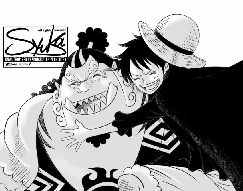 2boys ^_^ cape closed_eyes commentary_request facial_hair goatee greyscale happy hood hooded_cape hug japanese_clothes jinbe_(one_piece) kimono monkey_d._luffy monochrome multiple_boys one_piece one_syuka ponytail scar scar_on_face sharp_teeth shorts simple_background teeth thick_eyebrows tusks twitter_username
