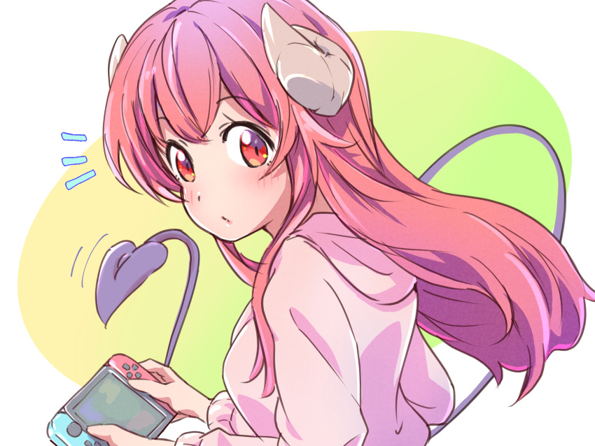1girl blush casual closed_mouth commentary_request curled_horns demon_girl demon_tail floating_hair from_side green_background hair_between_eyes handheld_game_console highres holding holding_handheld_game_console hood hood_down hoodie horns icorasama long_hair looking_at_viewer machikado_mazoku motion_lines nintendo_switch notice_lines pink_hoodie red_eyes redhead simple_background solo tail tareme two-tone_background upper_body white_background yoshida_yuuko_(machikado_mazoku)