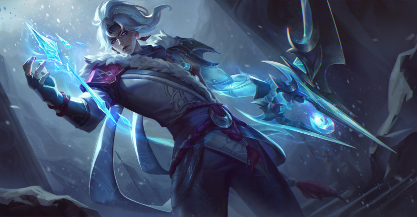 1boy absurdres black_gloves black_pants character_request colored_skin earrings fingerless_gloves fur_trim gloves green_skin hand_up headband highres jewelry league_of_legends male_focus outdoors pants qqquain short_hair snowing solo stairs standing white_hair