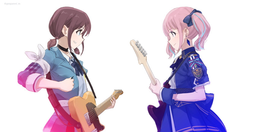 2girls adapted_costume belt black_choker blue_bow blue_bowtie blue_eyes blue_hair blue_jacket blue_ribbon blue_skirt blue_wrist_cuffs blush bow bowtie brown_hair choker closed_mouth commentary_request cowboy_shot earrings girls_band_cry grey_eyes guitar hair_ribbon highres hina_(girls_band_cry) holding holding_guitar holding_instrument holding_plectrum instrument iseri_nina jacket jewelry looking_at_another low_twintails mos_(m_gespannt) multicolored_hair multiple_girls open_mouth partial_commentary pink_hair plectrum ribbon school_uniform shirt short_sleeves short_twintails sidelocks simple_background skirt sleeves_past_elbows streaked_hair twintails twitter_username white_background white_belt white_shirt wrist_cuffs