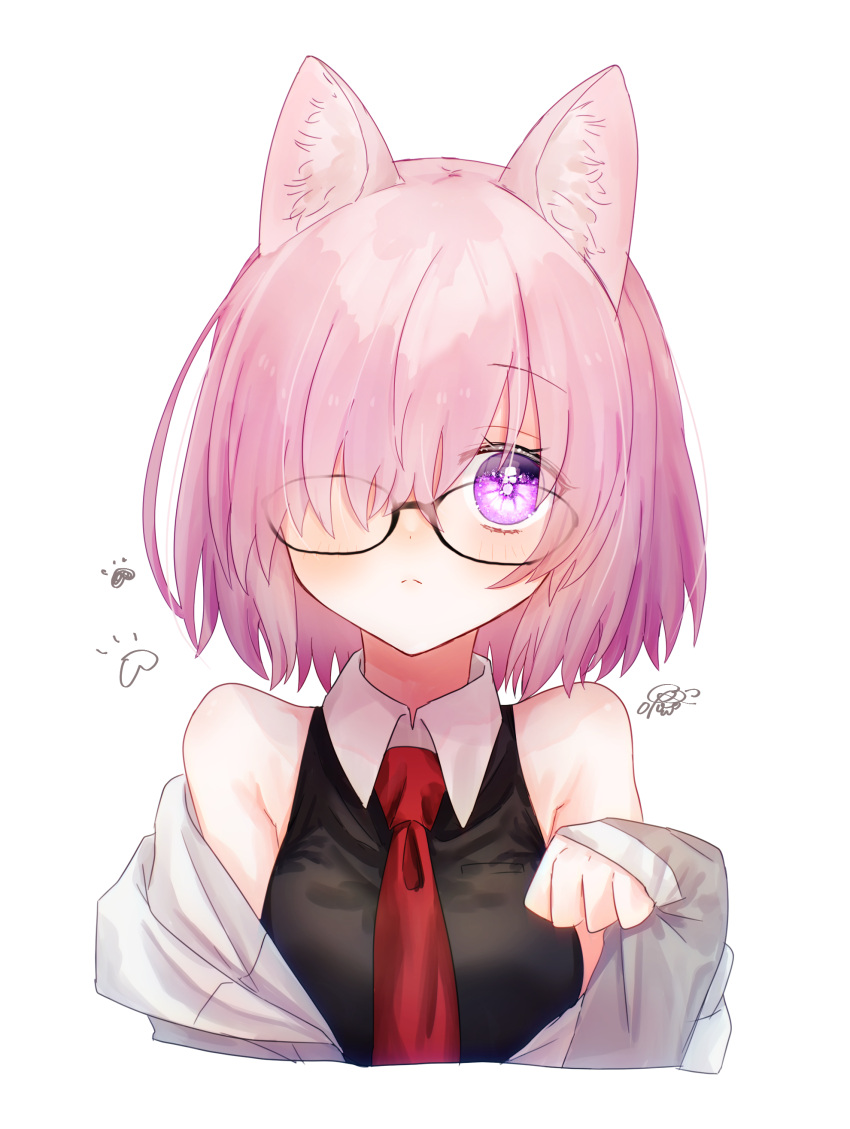 1girl absurdres animal_ear_fluff animal_ears black-framed_eyewear black_shirt blush cat_ears closed_mouth cropped_arms cropped_torso fate/grand_order fate_(series) frown glasses grey_sleeves harukappa highres kemonomimi_mode long_sleeves looking_at_viewer mash_kyrielight medium_hair necktie pink_hair red_necktie shirt simple_background sleeveless sleeveless_shirt solo straight_hair upper_body violet_eyes white_background wing_collar