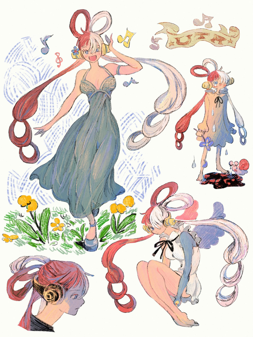 1girl armlet black_ribbon blue_dress blue_eyes blue_gloves character_name child commentary crying crying_with_eyes_open curled_up dress elbow_gloves flower full_body gloves hair_over_one_eye headphones highres looking_at_viewer looking_to_the_side makenevemoiine multicolored_hair multiple_views musical_note neck_ribbon one_piece profile redhead ribbon sleeveless sleeveless_dress smile snail tears twintails two-tone_hair uta_(one_piece) white_background white_hair wings