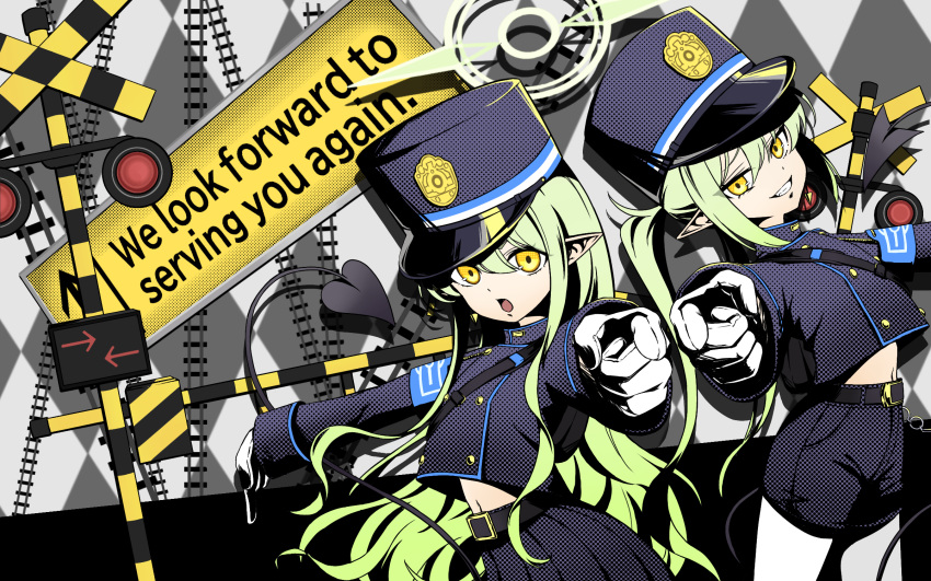 2girls 4_m_lacra belt black_belt black_hat black_jacket black_shorts black_skirt black_tail blue_archive buttons demon_tail double-breasted gloves green_hair green_halo grin halo hat highlander_sidelocks_conductor_(blue_archive) highlander_twintails_conductor_(blue_archive) highres jacket long_hair long_sleeves looking_at_viewer multiple_girls open_mouth pantyhose peaked_cap pleated_skirt pointing pointing_at_viewer pointy_ears shorts sidelocks skirt smile tail twintails white_gloves white_pantyhose yellow_eyes