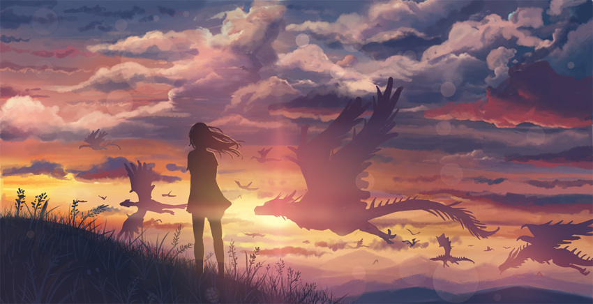 1girl ame_sagari clouds commentary_request dragon evening fantasy flying from_behind full_body gradient_sky hair_lift hill kneehighs long_hair miniskirt mountainous_horizon original scenery shirt short_sleeves silhouette skirt sky socks solo sunset t-shirt western_dragon wheat wind wind_lift yellow_sky