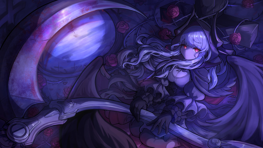 1girl absurdres azur_lane black_dress black_gloves black_hood black_wings blood blood_on_weapon breasts cleavage_cutout clothing_cutout commission cross dress erebus_(azur_lane) erebus_(meta)_(azur_lane) fake_horns flower frilled_dress frills gloves gothic_lolita grave highres holding holding_scythe horns lolita_fashion long_hair looking_at_viewer medium_breasts moon pixiv_commission pyramide red_eyes red_flower red_rose reflection rose scythe solo thorns tombstone weapon white_hair wings