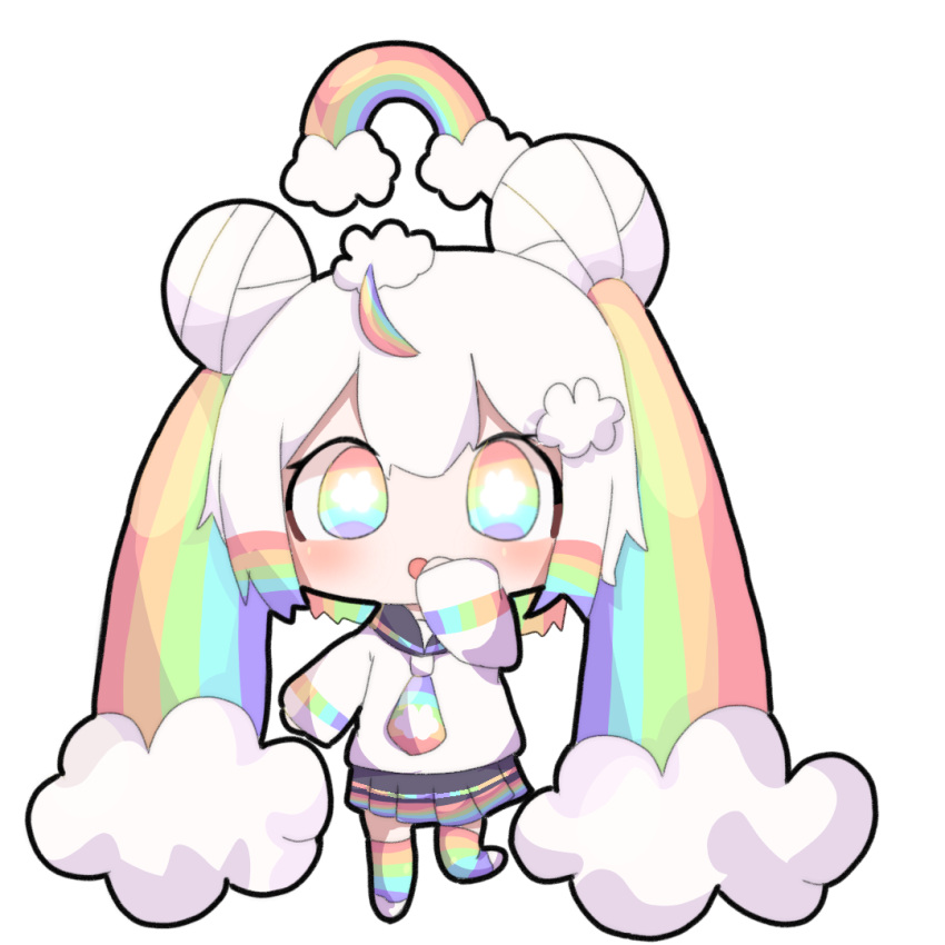 1girl :o ahoge bad_bcy_id bad_id black_sailor_collar black_skirt bright_pupils chibi cloud_hair_ornament clouds collared_shirt double_bun eyelashes full_body hair_bun hand_on_own_face light_blush long_hair long_sleeves looking_at_viewer miniskirt multicolored_eyes multicolored_hair multicolored_necktie multicolored_thighhighs necktie open_mouth original outline pleated_skirt rainbow rainbow_eyes rainbow_hair rainbow_necktie rainbow_thighhighs sad_cat sailor_collar school_uniform serafuku shirt shoes skirt sleeves_past_wrists solo symbol-shaped_pupils transparent_background very_long_hair white_footwear white_hair white_outline white_pupils white_shirt white_sleeves