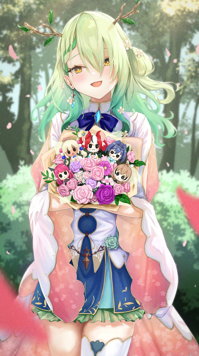 absurdres antlers blue_dress bouquet ceres_fauna ceres_fauna_(1st_costume) chibi commentary cowboy_shot dress earrings english_commentary flower forest green_hair hair_flower hair_ornament hakos_baelz highres holding holding_bouquet holocouncil hololive hololive_english horns irys_(hololive) jewelry layered_dress long_hair mole mole_under_eye nanashi_mumei nature ouro_kronii outdoors short_dress single_thighhigh smol_baelz smol_irys smol_kronii smol_mumei smol_sana tachibana_yuu_(shika) thigh-highs tsukumo_sana virtual_youtuber white_dress white_thighhighs yellow_eyes zettai_ryouiki
