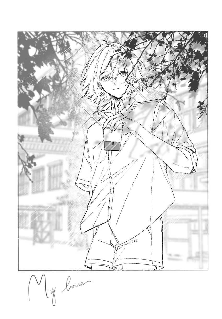 1boy absurdres bishounen border building buttons chinese_commentary closed_mouth collared_shirt commentary_request cowboy_shot cup disposable_cup drink earrings english_commentary english_text greyscale hair_between_eyes highres holding holding_drink jewelry looking_at_viewer male_focus mixed-language_commentary monochrome onmyoji outdoors pocket shirt short_hair short_sleeves shorts smile solo sparkle taishakuten_(onmyoji) tree white_border xianxianmmainiaaa
