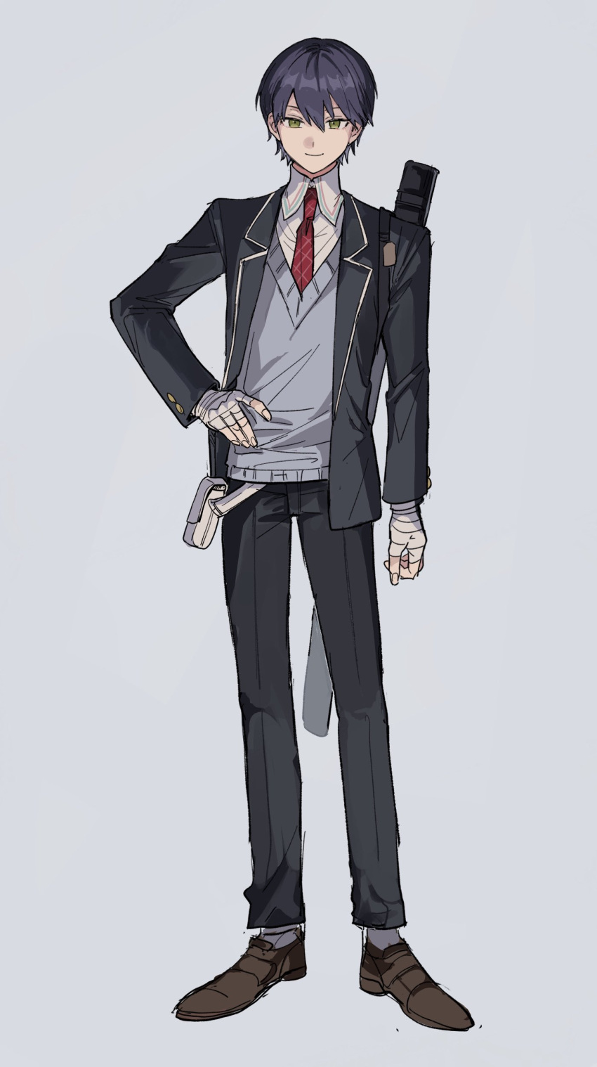 1boy absurdres aoi_(yooo009) bandages black_jacket black_pants brown_footwear closed_mouth collared_shirt full_body green_eyes grey_background grey_sweater_vest hair_between_eyes hand_on_own_hip highres jacket kenmochi_touya kenmochi_touya_(1st_costume) long_sleeves looking_at_viewer male_focus necktie nijisanji non-web_source open_clothes open_jacket pants purple_hair red_necktie school_uniform shirt shoes short_hair simple_background smile solo standing sweater_vest weapon_bag