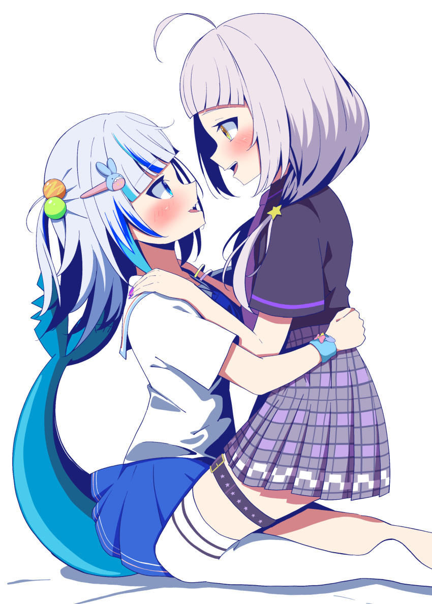 2girls absurdres black_shirt blue_eyes blue_hair blue_skirt blunt_bangs blush collared_shirt commentary_request eye_contact fins fish_tail gawr_gura gawr_gura_(school_uniform) grey_hair grey_skirt hair_bobbles hair_ornament hairclip highres hololive hololive_english hug long_hair looking_at_another making-of_available medium_hair miniskirt multicolored_hair multiple_girls murasaki_shion murasaki_shion_(school_uniform) necktie no_shoes official_alternate_costume official_alternate_hairstyle one_side_up open_mouth plaid plaid_skirt pleated_skirt purple_necktie rabbit_hair_ornament sailor_collar school_uniform shark_tail shirt short_sleeves simple_background sitting sitting_on_lap sitting_on_person skirt smile streaked_hair tail takapyon_higashi thigh-highs thigh_strap virtual_youtuber white_background white_sailor_collar white_shirt white_thighhighs yellow_eyes yuri