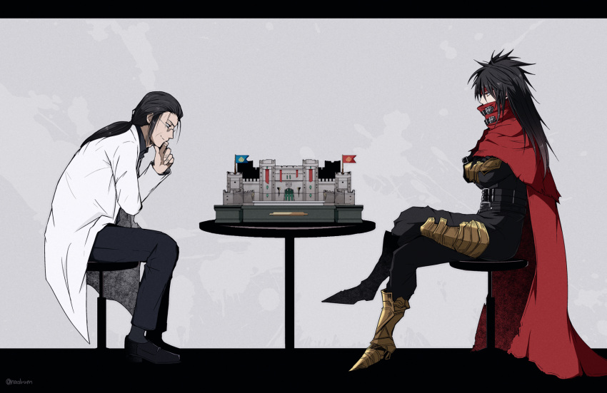 2boys armor cloak crossed_arms crossed_legs final_fantasy final_fantasy_vii final_fantasy_vii_rebirth final_fantasy_vii_remake glasses gold_armor hand_on_own_chin headband highres lab_coat long_hair looking_at_another multiple_boys nanao_(zonzonsh) on_stool ponytail professor_houjou queen's_blood red_cloak red_headband smile spiky_hair stool table vincent_valentine