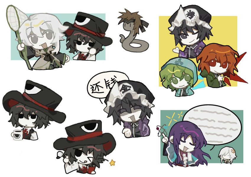&gt;_o 6+others ;) aaayamitsu androgynous anger_vein animalization black_eyes black_hair black_hat black_shirt black_vest blue_capelet blue_jacket brown_coat butterfly_net calligraphy_brush capelet chibi chinese_commentary chinese_text clause_(len'en) closed_eyes clothes_writing coat collared_shirt commentary_request cosplay cup detached_sleeves enraku_tsubakura enraku_tsubakura_(cosplay) eye_of_senri green_eyes green_hair green_jacket green_trim grey_eyes hand_net hat highres holding holding_butterfly_net holding_cup hood hood_down hood_up hooded_jacket houlen_yabusame jacket kurohebi len'en long_hair long_sleeves medium_hair mob_cap mug multiple_others neck_ribbon no_mouth no_nose one_eye_closed open_clothes open_jacket open_mouth other_focus paintbrush pale_skin pink_shirt purple_hair purple_jacket red_eyes red_ribbon redhead ribbon senri_tsurubami shirt shitodo_aoji shitodo_hooaka shitodo_kuroji smile snake speech_bubble tehepero tongue tongue_out translation_request triangular_headpiece two-sided_fabric two-sided_headwear vest white_hair white_shirt wide_sleeves