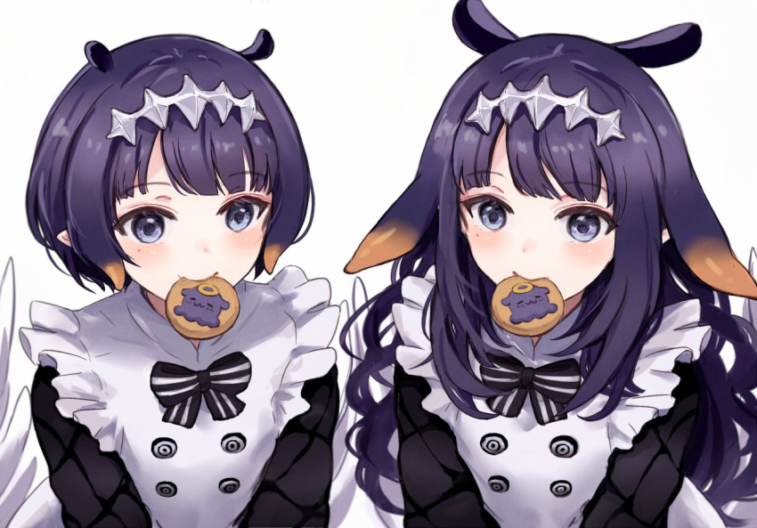 2girls blush character_cookie cookie dual_persona food food_in_mouth hair_ornament hololive hololive_english long_hair long_sleeves mole mole_under_eye multiple_girls ninomae_ina'nis ninomae_ina'nis_(6th_costume) pointy_ears purple_hair short_hair simple_background takodachi_(ninomae_ina'nis) tentacle_hair upper_body violet_eyes virtual_youtuber white_background yuuyu_(777)