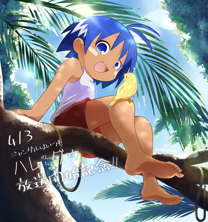1boy absurdres bird blue_eyes blue_hair child clouds commentary_request dark_skin day feet full_body hachidori_sub_(8dori_sub2) hare_(jungle_wa_itsumo) highres jungle_wa_itsumo_hare_nochi_guu male_focus open_mouth outdoors palm_tree red_shorts shirt short_hair shorts sitting smile solo toes translation_request tree white_shirt