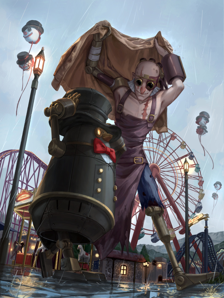 1boy amusement_park animal apron arms_up artist_request balloon bare_shoulders belt belt_buckle bird black_hat black_vest blue_pants bow bowtie brown_jacket buckle building buttons character_request closed_mouth clothed_animal commentary_request denim father's_day ferris_wheel goggles hand_on_headwear hat highres holding holding_clothes holding_jacket identity_v jacket jeans lamppost looking_at_another male_focus mechanical_arms mechanical_legs multiple_belts non-humanoid_robot official_art old old_man outdoors pants pectoral_cleavage pectorals penguin purple_apron purple_belt red_bow red_bowtie robot robot_animal roller_coaster round_eyewear scar scar_across_eye scar_on_cheek scar_on_face second-party_source sideburns single_mechanical_arm smile top_hat traditional_bowtie vest white_hair yellow-framed_eyewear