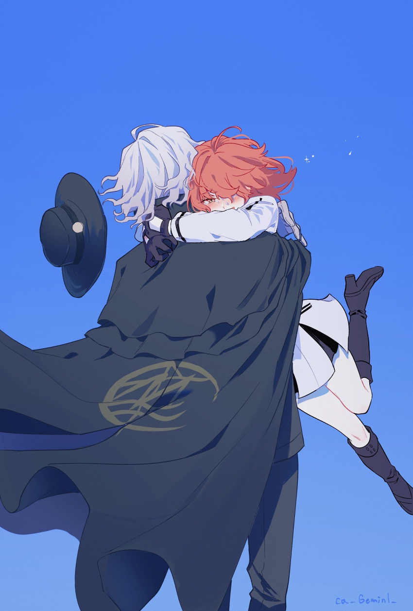 1boy 1girl black_cape black_footwear black_gloves black_hat blue_background blush boots ca_(ca_gemini) cape commentary_request crying crying_with_eyes_open edmond_dantes_(fate) fate/grand_order fate_(series) floating_hair fujimaru_ritsuka_(female) fujimaru_ritsuka_(female)_(decisive_battle_chaldea_uniform) gloves grey_gloves hat highres hug jacket long_sleeves no_headwear orange_eyes orange_hair pants simple_background smile tearing_up tears white_hair white_jacket white_pants