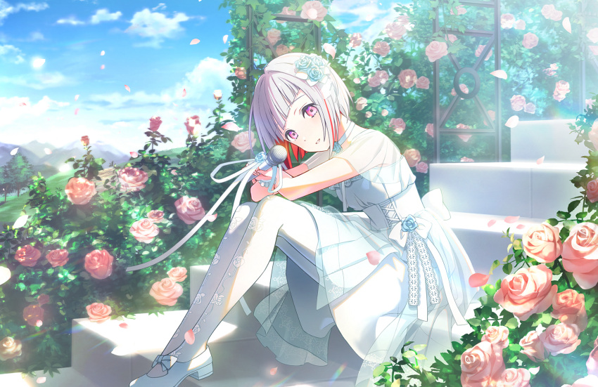 1girl :d aqua_rose blue_flower blue_rose blue_sky bob_cut bow choker colored_inner_hair diagonal_bangs dress dress_flower falling_petals flower flower_bush flower_choker footwear_bow game_cg grey_hair grin hair_flower hair_ornament highres holding holding_microphone inverted_bob link!_like!_love_live! looking_at_viewer love_live! mary_janes microphone mountainous_horizon multicolored_hair official_art pantyhose petals pink_flower pink_rose red_eyes redhead rose see-through see-through_sleeves shoes short_hair short_sleeves single_wrist_cuff sitting sitting_on_stairs sky smile solo stairs streaked_hair third-party_source virtual_youtuber white_bow white_choker white_dress white_footwear white_pantyhose white_wrist_cuffs wrist_cuffs yugiri_tsuzuri