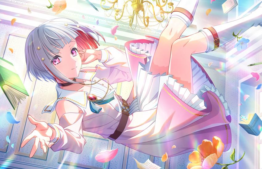 1girl ankle_boots black_choker blue_flower book bookmark boots breasts choker clothing_cutout coat colored_inner_hair dream_believers_(love_live!) dress dutch_angle feet_out_of_frame floating flower game_cg grey_hair hair_ornament hand_to_head highres legs_up link!_like!_love_live! long_sleeves looking_at_viewer love_live! multicolored_hair official_art open_hand orange_flower pen petals pinafore_dress pink_coat pleated_dress red_eyes redhead short_hair shoulder_cutout sleeveless sleeveless_dress small_breasts solo star_(symbol) star_hair_ornament streaked_hair third-party_source two-tone_hair white_dress white_footwear yugiri_tsuzuri
