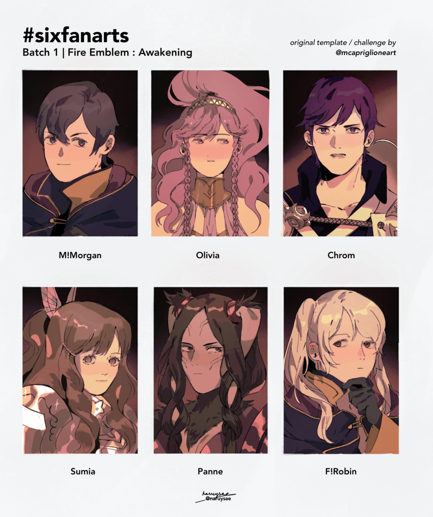 2boys 4girls black_gloves black_hair blush brown_eyes brown_hair butterfly_hair_ornament chrom_(fire_emblem) closed_mouth collarbone facial_mark fire_emblem fire_emblem_awakening gloves hair_ornament hand_on_own_chin highres morgan_(fire_emblem) morgan_(male)_(fire_emblem) multiple_boys multiple_drawing_challenge multiple_girls naruysae olivia_(fire_emblem) panne_(fire_emblem) parted_lips ponytail purple_hair robin_(female)_(fire_emblem) robin_(fire_emblem) sidelocks six_fanarts_challenge sumia_(fire_emblem) thinking twintails violet_eyes