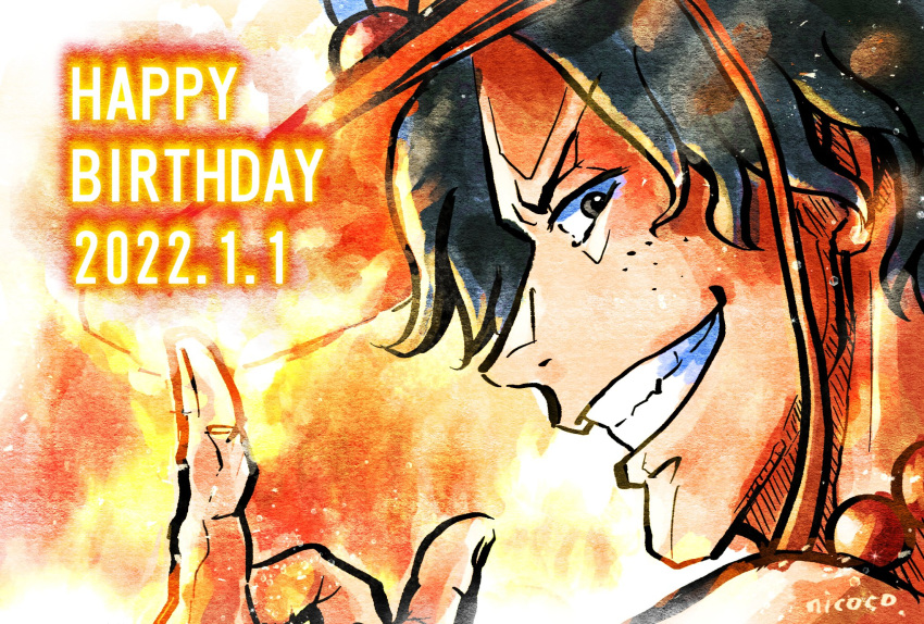 1boy 2022 black_hair close-up commentary_request dated fire freckles furol_nicoco happy_birthday highres looking_at_viewer looking_back male_focus one_piece orange_hat orange_theme portgas_d._ace short_hair smile solo