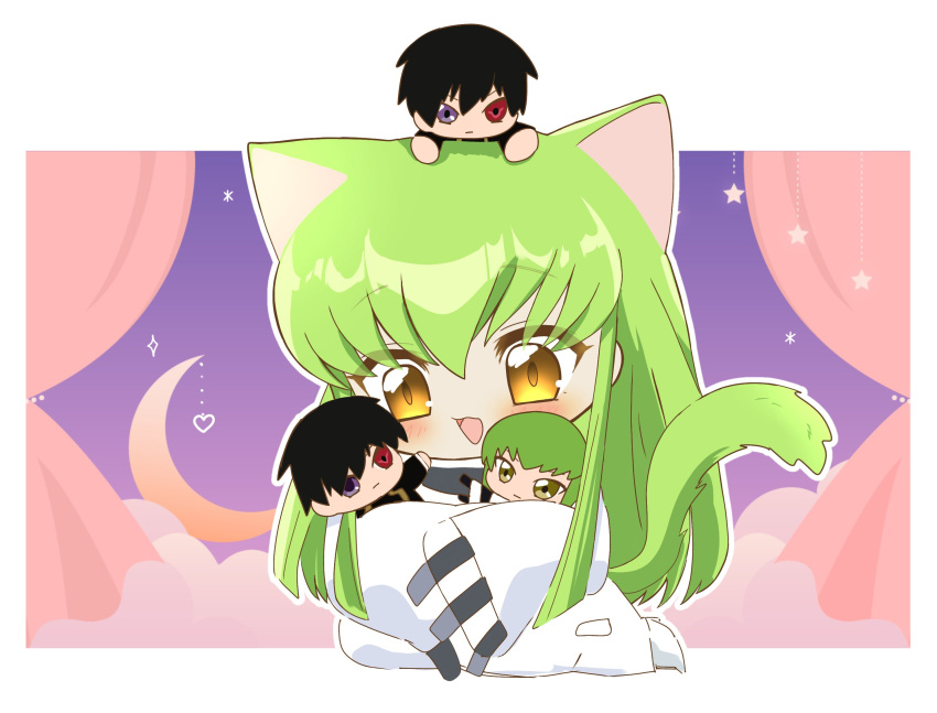 :d animal_ears ayuko_735 blush c.c. cat_ears cat_girl cat_tail character_doll chibi code_geass commentary_request crescent_moon curtains doll geass green_hair hair_between_eyes happy heart heterochromia highres holding holding_doll jacket kemonomimi_mode kneeling lelouch_vi_britannia long_hair looking_at_object looking_down moon open_mouth purple_background red_eyes sidelocks simple_background sleeves_past_fingers sleeves_past_wrists smile sparkle straight_hair tail tail_raised two-tone_background very_long_hair violet_eyes white_background white_jacket wide_sleeves yellow_eyes