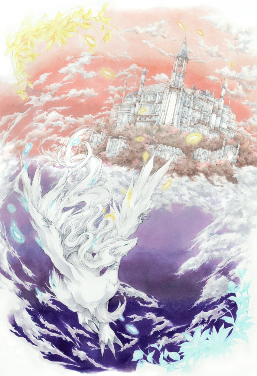 blue_eyes castle claws closed_mouth clouds commentary english_commentary flying fortress highres no_humans pokemon pokemon_(creature) red_sky reshiram ryuukyou sky tree white_fur wings