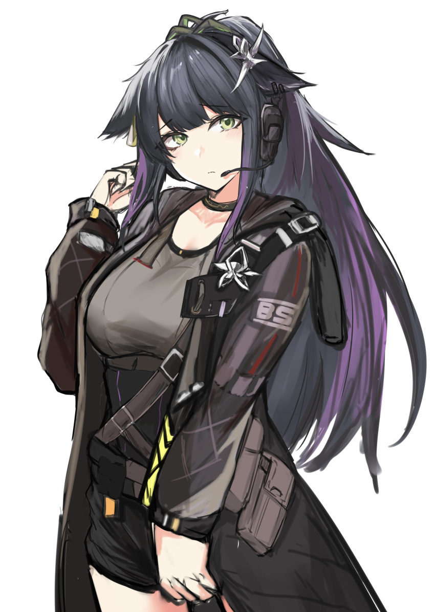 1girl absurdres animal_ears arknights black_coat black_hair black_shorts closed_mouth coat commentary_request cowboy_shot green_eyes grey_shirt hand_in_own_hair hand_up headset highres jessica_(arknights) light_blush long_hair long_sleeves looking_at_viewer microphone mitarashi_renge multicolored_hair open_clothes open_coat purple_hair shirt short_shorts shorts simple_background sketch solo standing strap streaked_hair white_background