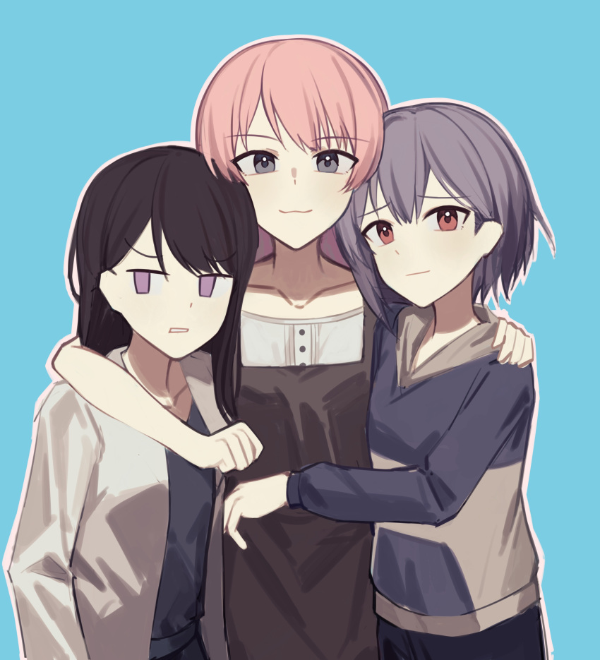 3girls absurdres arm_around_neck bang_dream! bang_dream!_it's_mygo!!!!! black_shirt blue_background blue_hoodie brown_dress brown_hair chihaya_anon closed_mouth commentary_request dress glaring grey_eyes grey_hoodie hand_on_another's_shoulder highres hood hoodie long_hair lu_guan multiple_girls open_clothes open_shirt parted_lips pink_hair purple_hair red_eyes shiina_taki shirt short_hair simple_background smile tomori_nao two-tone_hoodie violet_eyes white_shirt