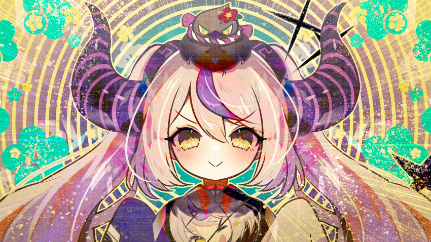 &gt;:) 1girl alternate_costume black_choker black_horns blush character_print choker closed_mouth crow_(la+_darknesss) dot_nose furisode grey_hair hair_between_eyes hololive horns japanese_clothes kimono la+_darknesss la+_darknesss_(new_year) long_hair looking_at_viewer mixed_media multicolored_hair nihakusanren official_alternate_costume pendant_choker print_kimono purple_hair self_character_print sleeves_past_fingers sleeves_past_wrists smile star_(symbol) star_choker streaked_hair striped_horns twintails v-shaped_eyebrows very_long_hair virtual_youtuber wide_sleeves yellow_eyes