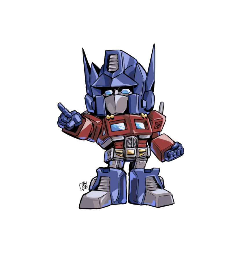 autobot blue_eyes chibi clenched_hand full_body highres mecha mecha_focus nasutetsu no_humans optimus_prime pointing robot science_fiction simple_background solo transformers transformers:_generation_1 white_background