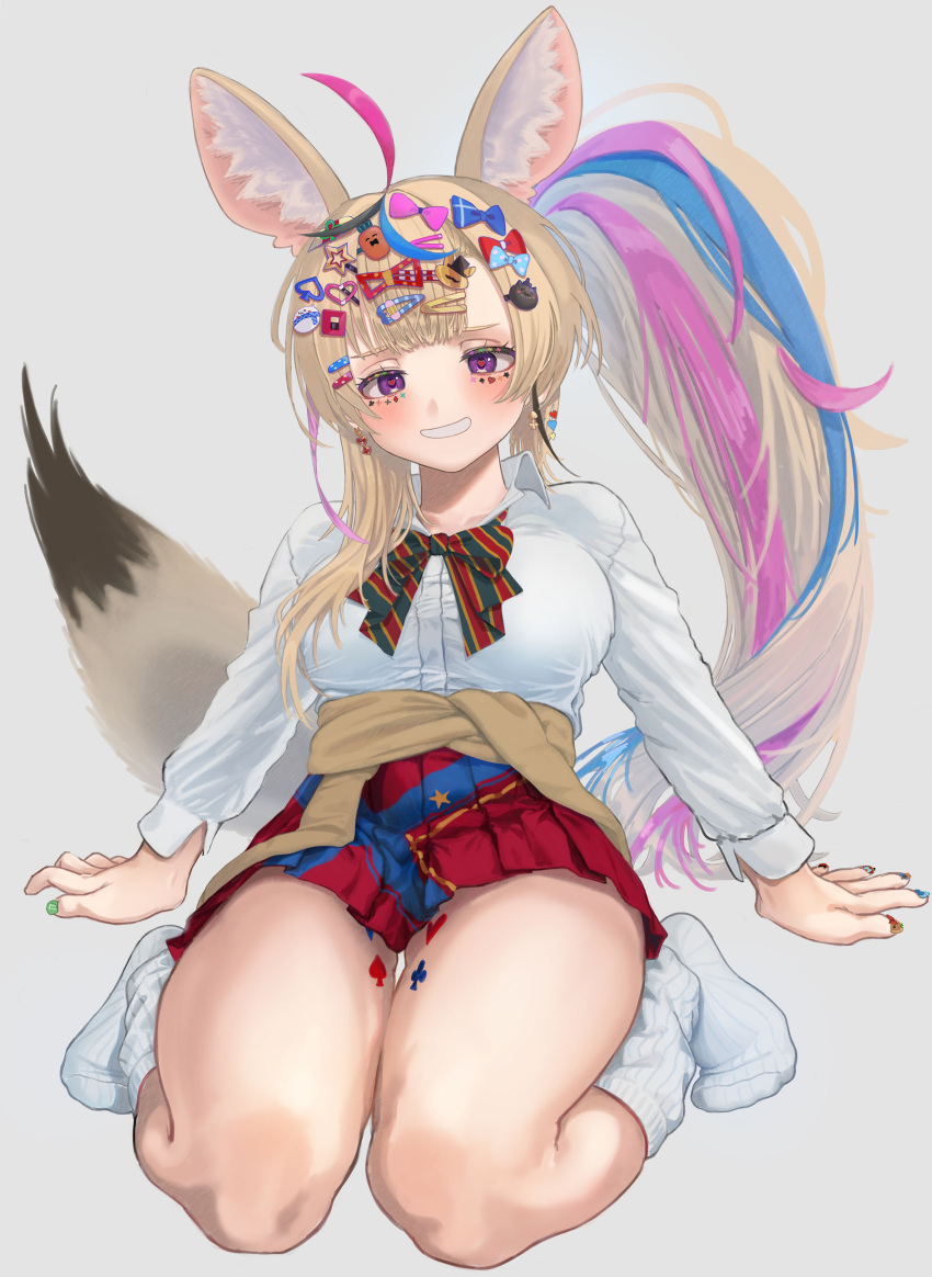 1girl absurdres ahoge animal_ears blonde_hair blush bow bowtie breasts clothes_around_waist club_hair_ornament decora diagonal-striped_bow diagonal-striped_bowtie diagonal-striped_clothes fox_ears fox_girl fox_tail gyaru hair_bow hair_ornament highres hololive jing_(0155498) long_hair looking_at_viewer multicolored_bowtie multicolored_hair multicolored_nails multiple_hair_bows multiple_hairpins official_alternate_costume official_alternate_hair_length official_alternate_hairstyle omaru_polka omaru_polka_(school_uniform) pink_hair playing_card_theme shirt sitting skirt smile solo streaked_hair striped_clothes sweater sweater_around_waist tail thigh-highs too_many_hairclips violet_eyes virtual_youtuber wariza
