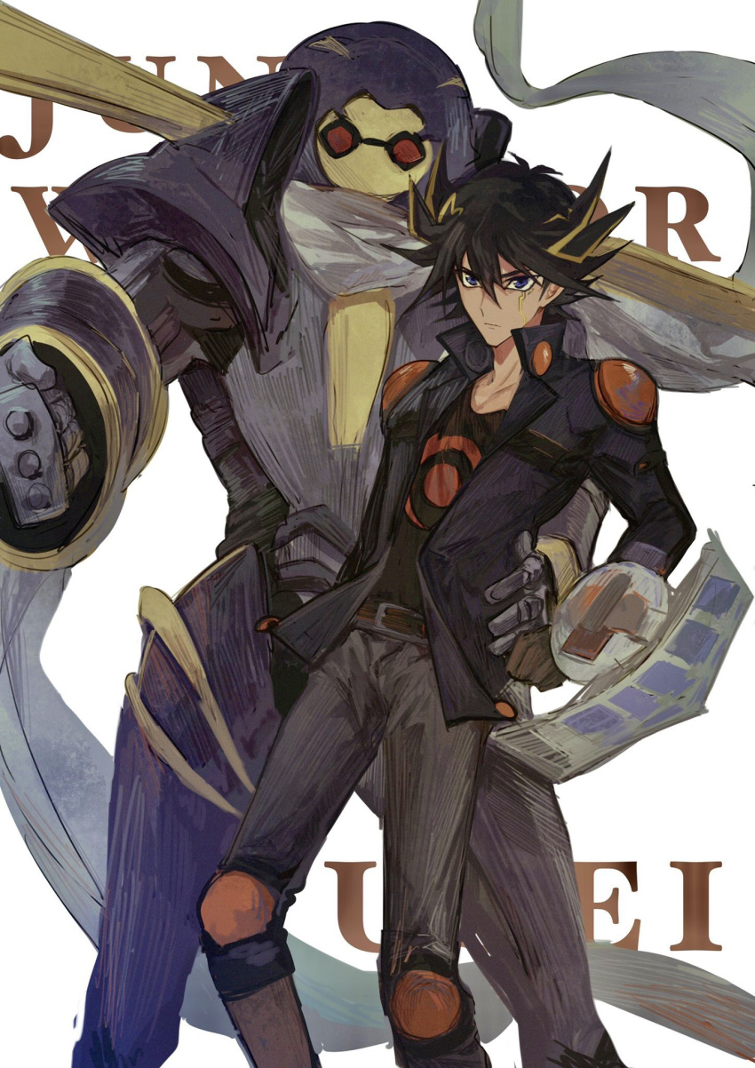 1boy bad_id bad_lofter_id black_hair black_shirt blue_eyes blue_jacket boots brown_footwear brown_gloves character_name clenched_hand cowboy_shot duel_disk duel_monster facial_mark facial_tattoo fudo_yusei gloves grey_pants hand_up high_collar highres jacket junk_warrior knee_boots knee_pads leather_belt looking_at_viewer male_focus multicolored_hair naoki_(2rzmcaizerails6) open_clothes open_jacket pants red_eyes robot scarf serious shirt short_hair shoulder_pads spiky_hair streaked_hair tattoo upper_body white_background white_scarf yu-gi-oh! yu-gi-oh!_5d's