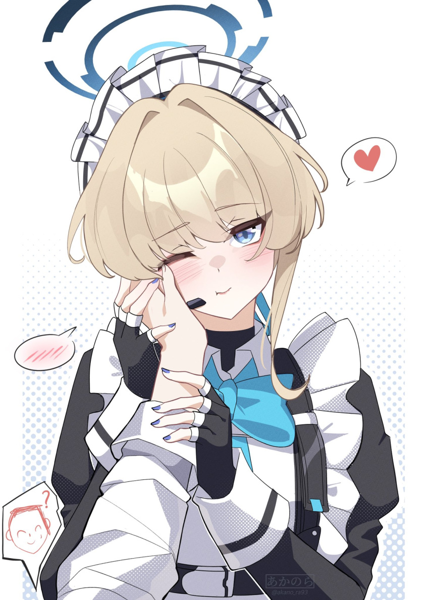 1boy 1girl akanora apron artist_name black_gloves blonde_hair blue_archive blue_bow blue_bowtie blue_eyes blue_halo blush bow bowtie closed_mouth collared_apron doodle_sensei_(blue_archive) fingerless_gloves gloves hair_intakes halo hand_grab hand_on_another's_face hashtag-only_commentary heart highres juliet_sleeves long_sleeves looking_at_viewer maid_apron maid_headdress one_eye_closed pov pov_hands puffy_sleeves purple_nails sensei_(blue_archive) spoken_blush spoken_heart toki_(blue_archive) twitter_username upper_body white_background