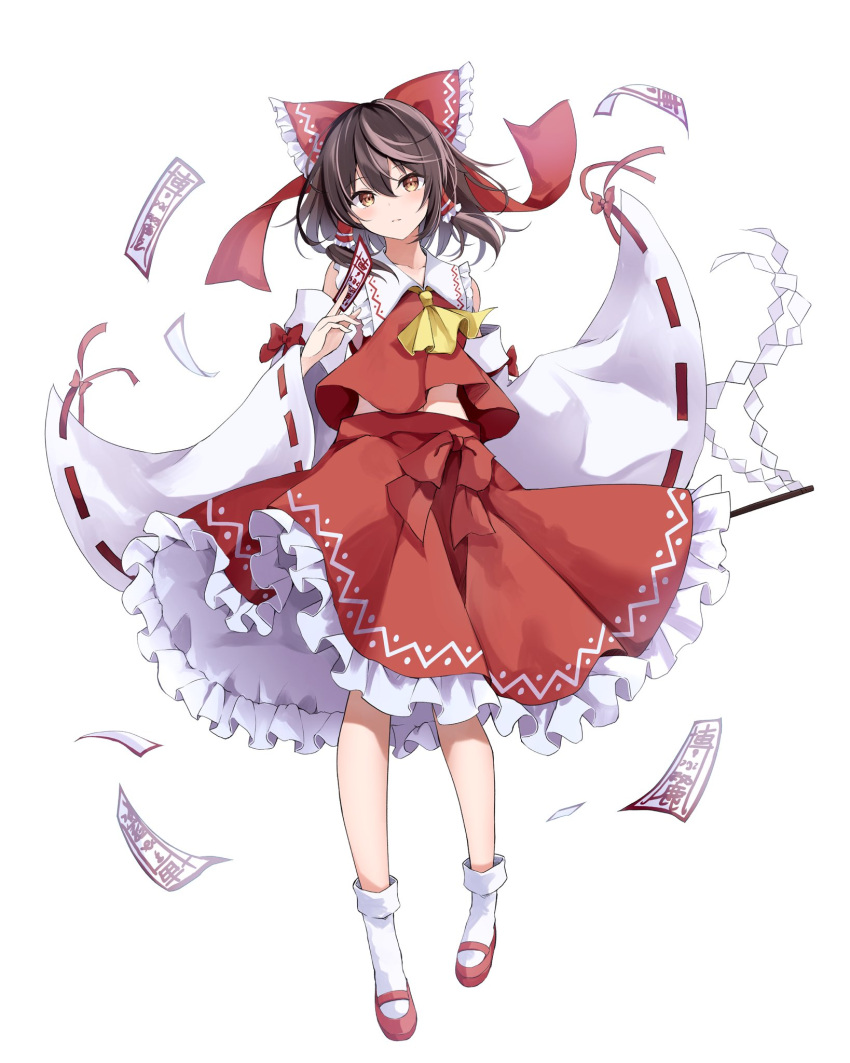 1girl ascot bow brown_hair closed_mouth commentary detached_sleeves frilled_bow frilled_hair_tubes frills gohei hair_bow hair_tubes hakurei_reimu highres holding holding_gohei hyurasan light_blush long_hair ofuda orange_eyes red_bow red_skirt ribbon-trimmed_sleeves ribbon_trim simple_background skirt skirt_set solo touhou white_background wide_sleeves yellow_ascot