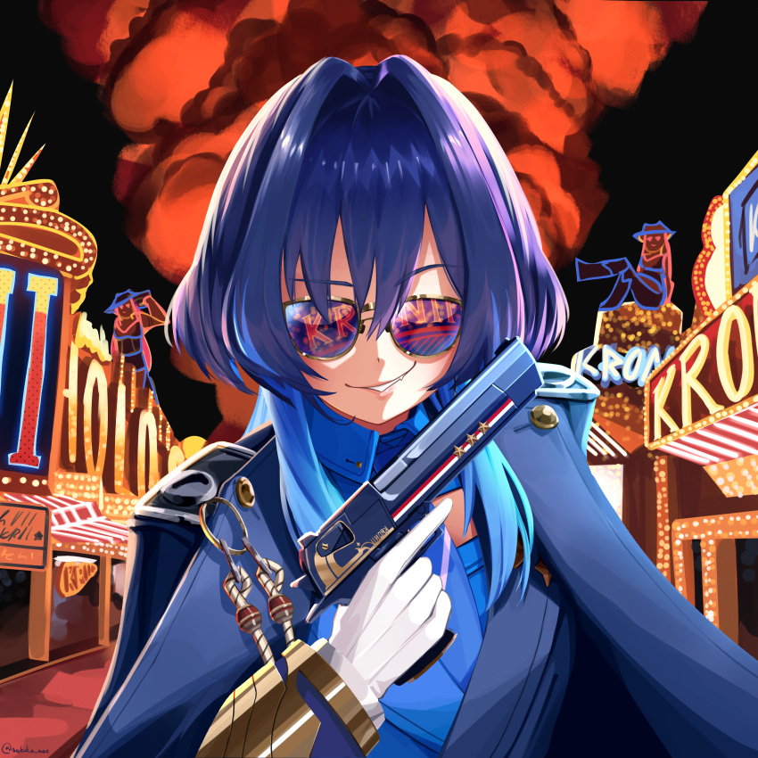 1girl absurdres blue_hair casino character_name coat colored_inner_hair commentary duke_nukem_3d english_commentary fang gloves grin hair_intakes hand_up highres holding holding_weapon hololive hololive_english long_sleeves marquee_lights military_uniform mokuka_noe multicolored_hair neon_lights official_alternate_costume official_alternate_hairstyle ouro_kronii ouro_kronii_(4th_costume) parody smile sunglasses uniform virtual_youtuber weapon white_gloves