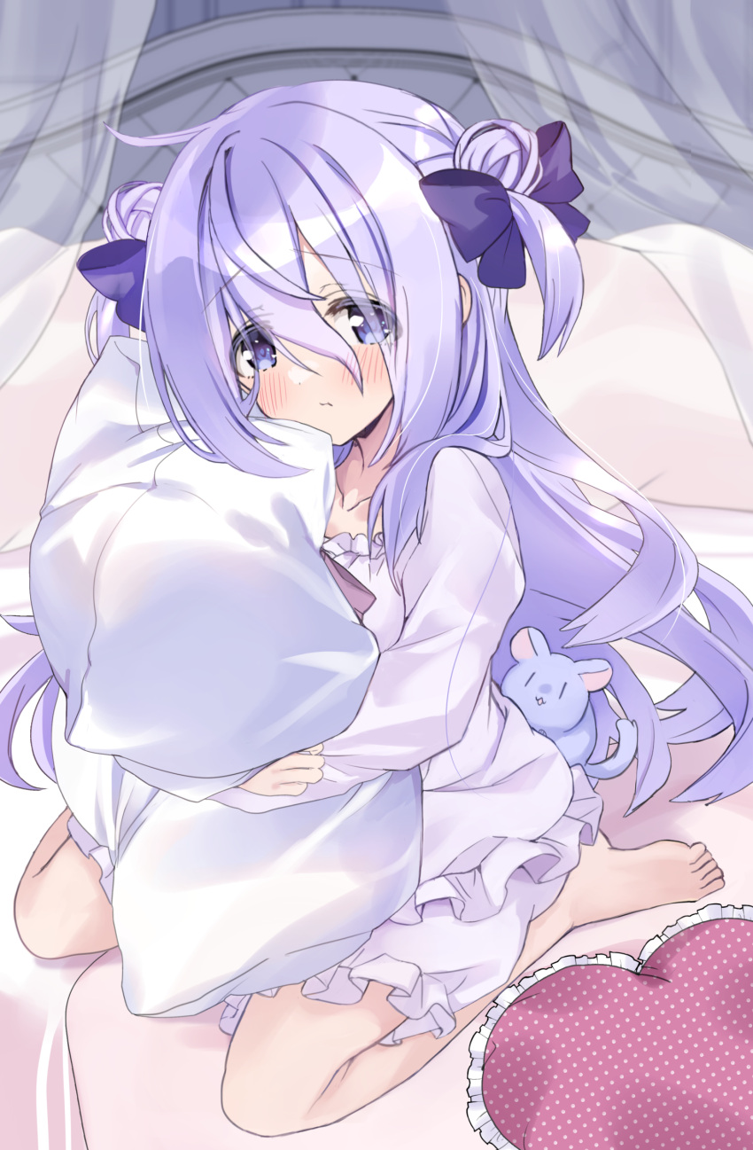 1girl :t amamiya_shizuku_(hizuki_yayoi) animal barefoot bed bloomers blue_bow blue_eyes blue_hair blush bow chinchilla_(animal) closed_mouth collarbone commentary_request curtains double_bun frilled_pillow frills hair_bow hair_bun heart heart-shaped_pillow highres hizuki_yayoi hugging_object long_sleeves looking_at_viewer multicolored_hair on_bed original pajamas pillow pillow_hug puffy_long_sleeves puffy_sleeves shirt sitting solo transparent two-tone_hair wariza white_bloomers white_shirt