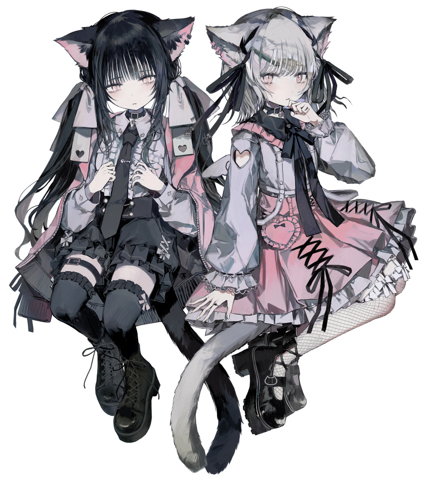 2girls absurdres animal_ears belt black_footwear black_hair black_necktie black_ribbon black_skirt black_thighhighs boots bow cat_ears cat_girl cat_tail closed_mouth clothing_cutout collar dress finger_to_own_chin fishnet_pantyhose fishnets frilled_dress frilled_sleeves frilled_thighhighs frills full_body grey_hair hair_ribbon hand_up heart_cutout highres invisible_chair jacket jewelry jirai_kei long_hair long_sleeves looking_at_viewer multiple_girls necktie original pantyhose pink_eyes pink_jacket pink_skirt platform_footwear ribbon ring shirt short_hair sidelocks simple_background sitting skirt tail tekito_midori thigh-highs thigh_belt thigh_strap twintails white_background zipper