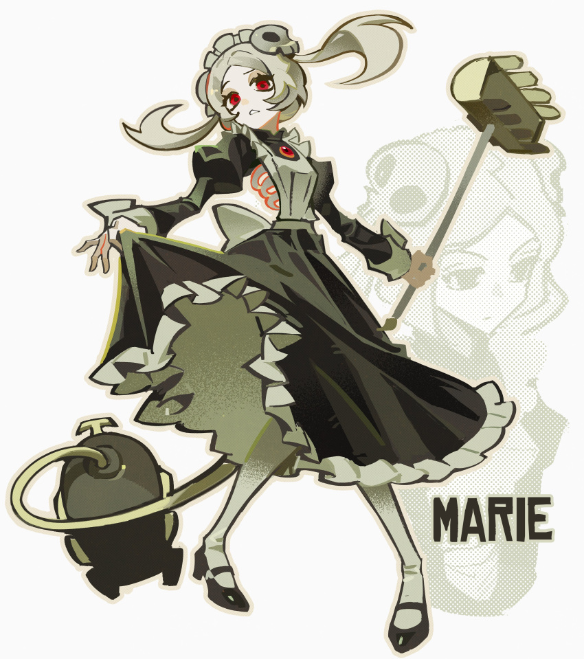 1girl 672000each absurdres apron black_dress black_footwear bloody_marie_(skullgirls) character_name clothes_lift dress dress_lift full_body grey_hair hair_ornament highres holding_vacuum_cleaner long_hair maid maid_apron maid_headdress outline pantyhose red_eyes skull_hair_ornament skullgirls solo standing twintails white_background white_pantyhose zoom_layer