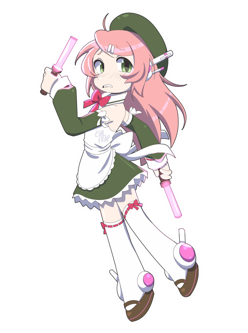 1girl absurdres apron back_bow beret blush bow bowtie clenched_teeth collared_dress commentary detached_sleeves dress english_commentary evilfrap full_body glowstick green_eyes hair_ornament hairclip hat highres long_hair long_sleeves maid mary_janes momone_momo nose_blush pink_hair robot_ears shoes sleeveless sleeveless_dress solo teeth thigh-highs utau very_long_hair