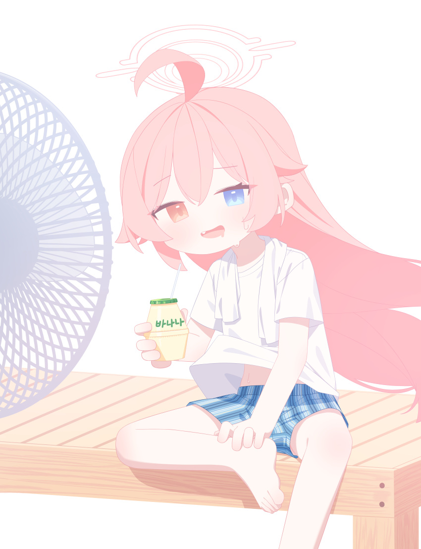 1girl absurdres ahoge aimpoleume barefoot blue_archive blue_eyes blue_shorts blush drink drinking_straw electric_fan fang hair_between_eyes halo highres holding holding_drink hoshino_(blue_archive) long_hair looking_at_viewer open_mouth pink_hair pink_halo shirt short_sleeves shorts simple_background sitting solo toes towel towel_around_neck white_background white_shirt white_towel yellow_eyes