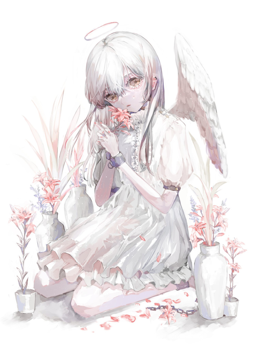 1girl aegyo_sal angel angel_wings ankle_cuffs broken broken_chain chain dress ear_piercing eyelashes falling_petals feathered_wings fingernails flower hair_between_eyes halo highres holding holding_flower isshiki_shime lily_(flower) long_hair nail_polish original parted_lips petals piercing pink_halo puffy_sleeves red_flower red_nails red_petals sidelocks sitting solo solo_focus tears vase wariza white_background white_dress white_hair white_wing wings wrist_cuffs yellow_eyes