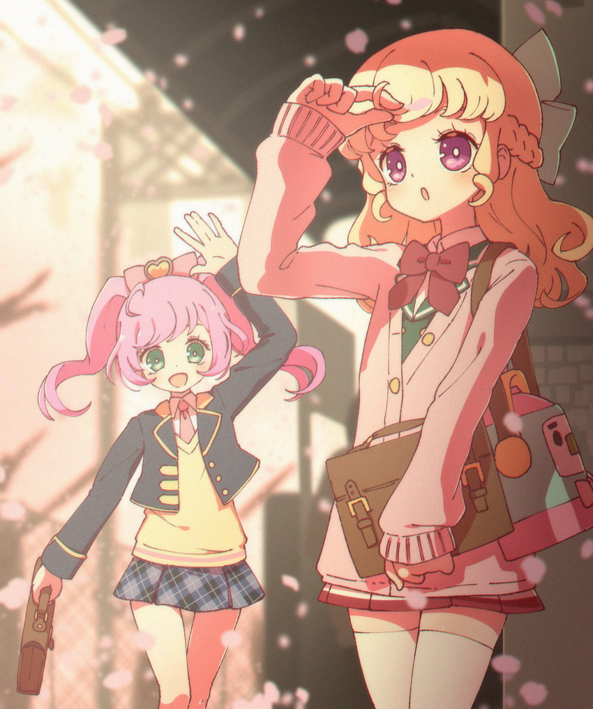 2girls :d adjusting_hair ahoge arm_up avocado_academy_school_uniform bag blue_jacket blue_skirt blurry blurry_background bow braid brown_bag cardigan cherry_blossoms collared_shirt cowboy_shot cropped_jacket day falling_petals green_eyes green_jacket hair_bow highres holding holding_bag idol_time_pripara jacket long_hair long_sleeves looking_at_viewer looking_up manaka_laala manaka_laala_(young) miniskirt multiple_girls necktie open_hand open_mouth outdoors paprika_private_academy_school_uniform petals pink_bow pink_cardigan pink_necktie plaid plaid_skirt pleated_skirt pretty_series pripara purple_hair red_skirt rice_cooker ruru_ashihara school_bag school_uniform shirt skirt smile standing takki_(pripara) thigh-highs third-party_source twintails vest violet_eyes waving white_shirt white_thighhighs yellow_vest yumekawa_yui