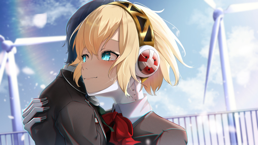 1boy 1girl absurdres aegis_(persona) android black_jacket blazer blonde_hair blue_eyes blue_hair blush bow bowtie commentary_request crying crying_with_eyes_open day from_side hair_between_eyes headphones highres hug jacket outdoors persona persona_3 red_bow red_bowtie school_uniform short_hair smile solo_focus tears tokumeikibo upper_body wavy_mouth yuuki_makoto_(persona_3)